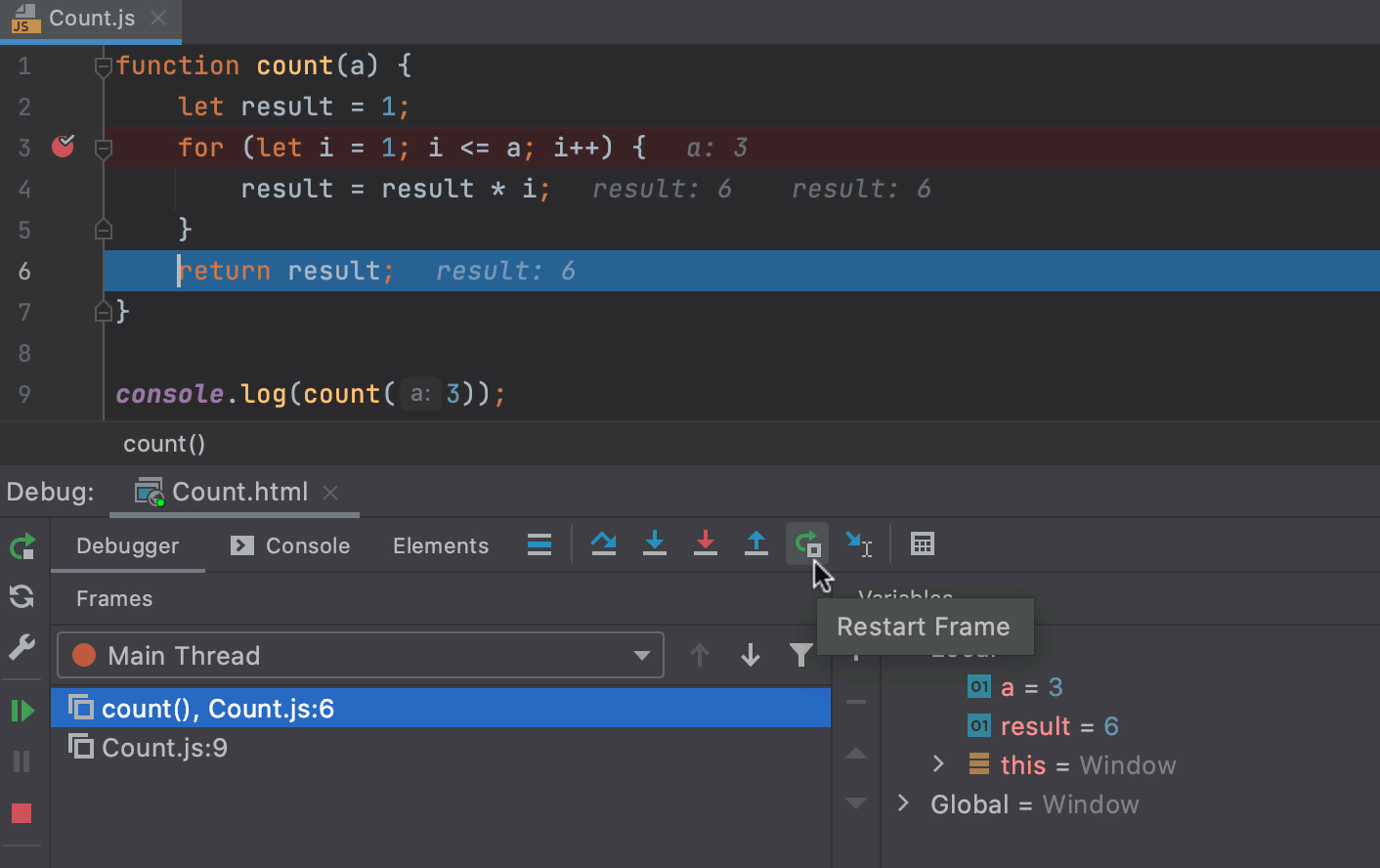 Restarting frame and resuming the program: the variables are reverted to their initial values