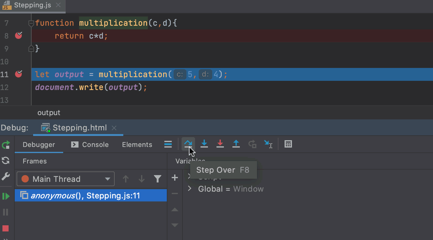 Step over: stopping at a breakpoint within the skipped method