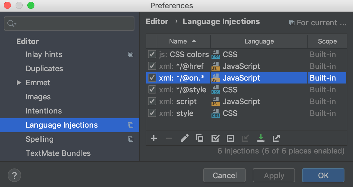 Language injection settings