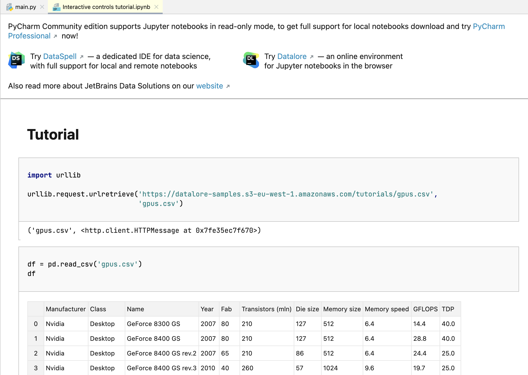 Notebook in PyCharm Community preview window Notebook in PyCharm Community preview window