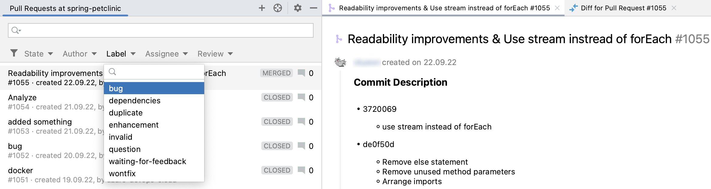 GitHub Pull Requests tool window