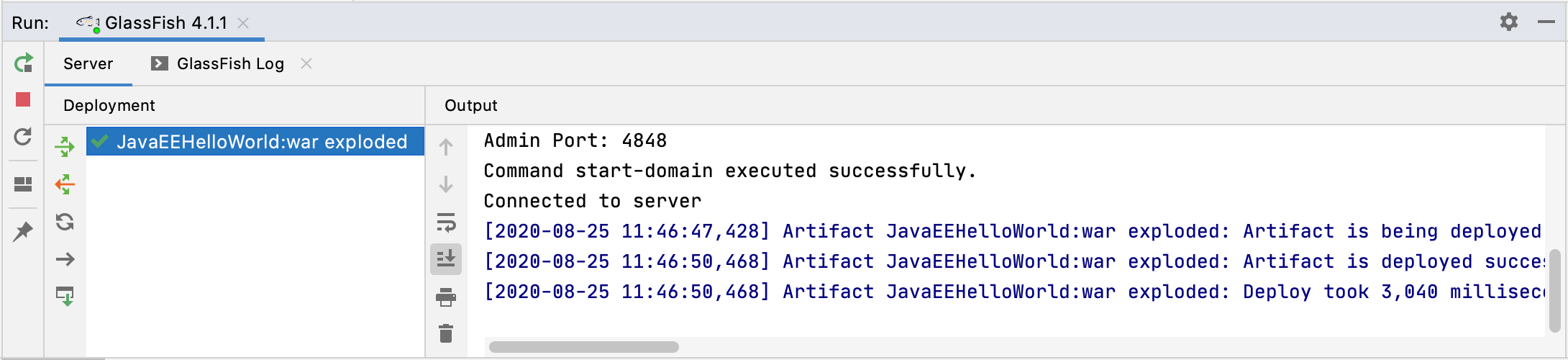 Started GlassFish server and deployed application in the Run tool window