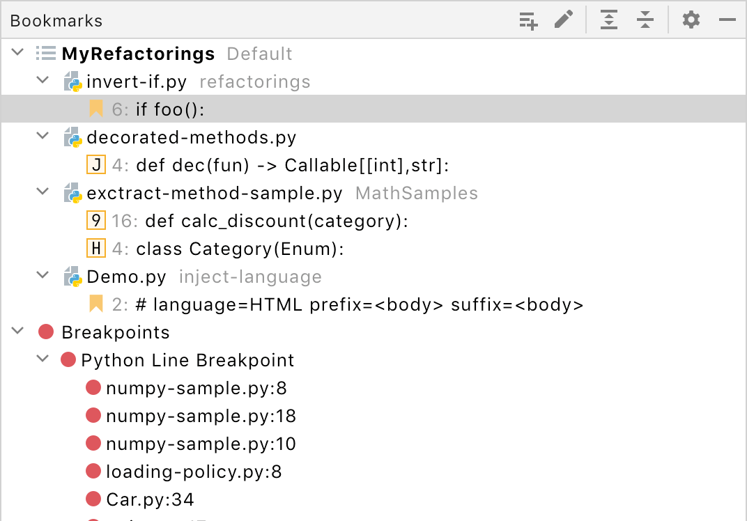 Bookmarks tool window Bookmarks tool window