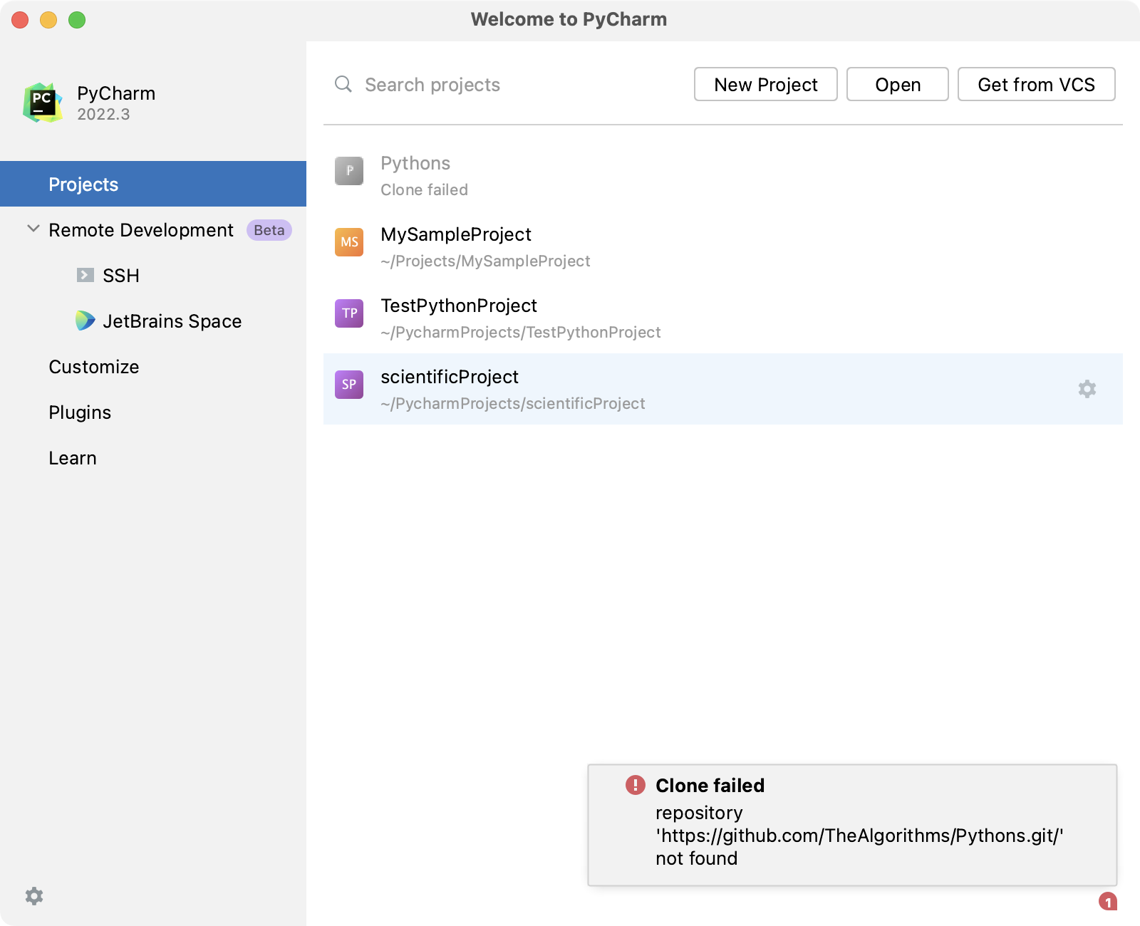 Notification about failed clone Notification about failed clone