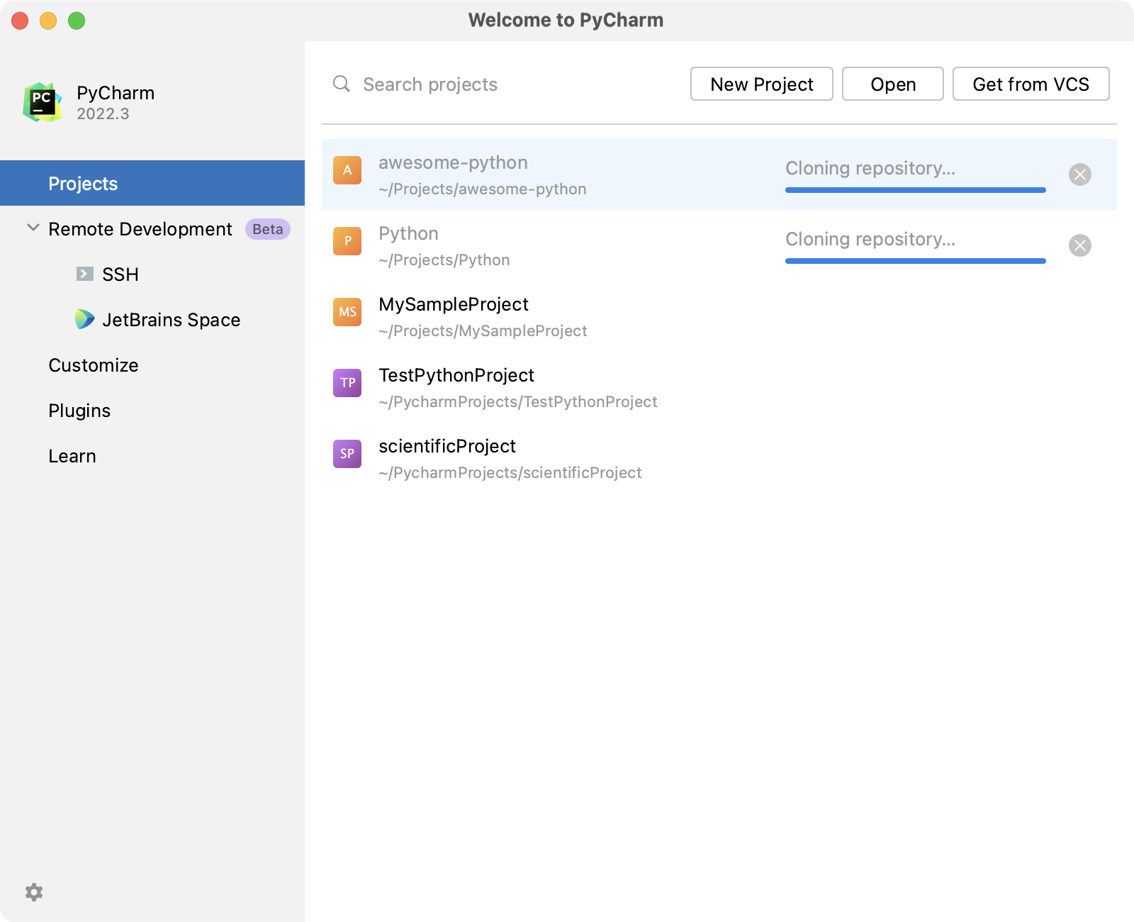 Welcome Screen with a list of projects Welcome Screen with a list of projects