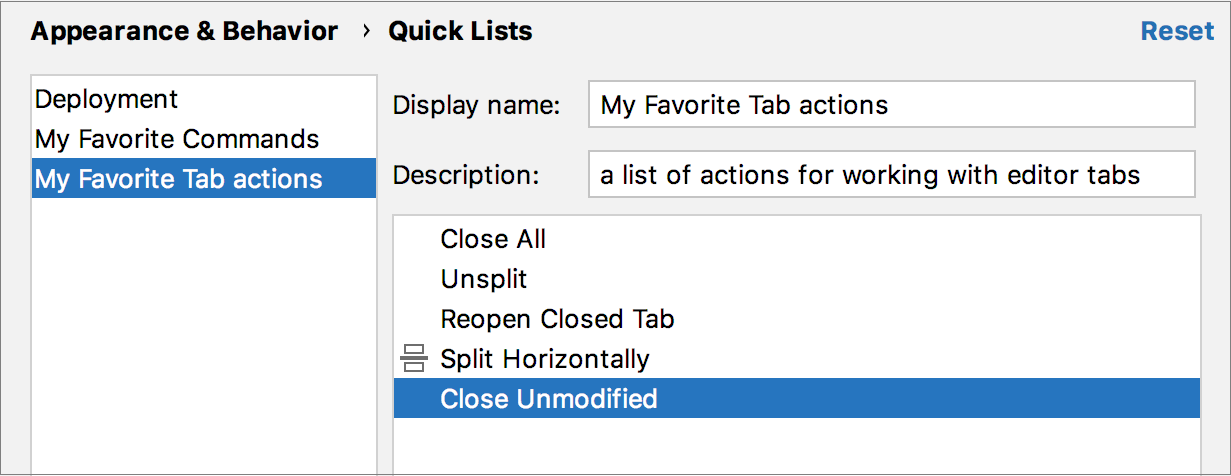 the Quick lists settings the Quick lists settings