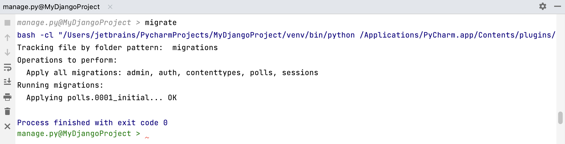 The 'migrate' command output in console The 'migrate' command output in console
