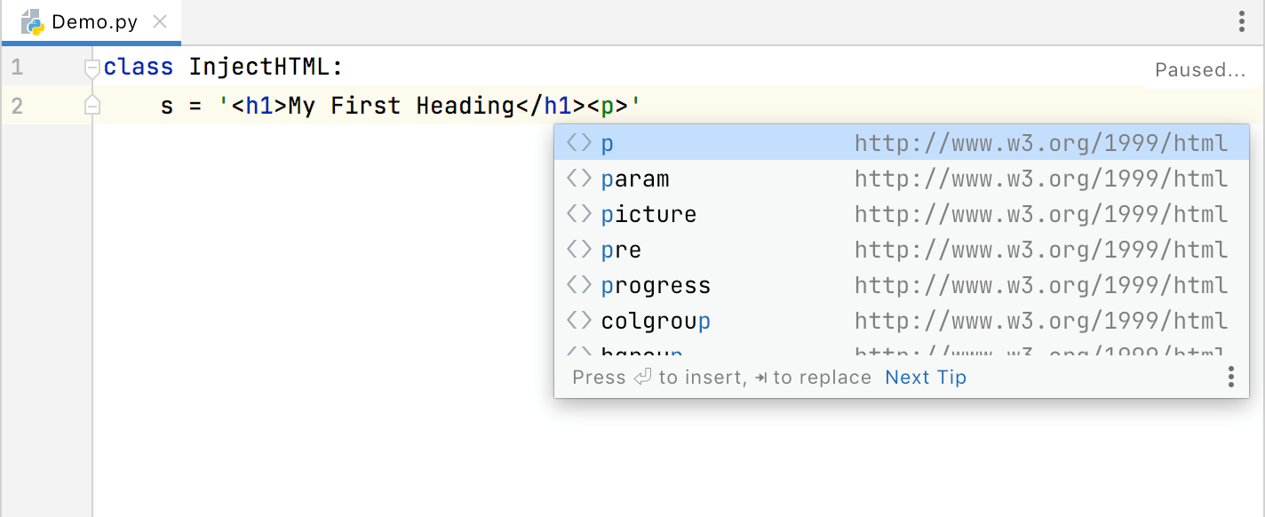 Code completion in the injected language fragment Code completion in the injected language fragment