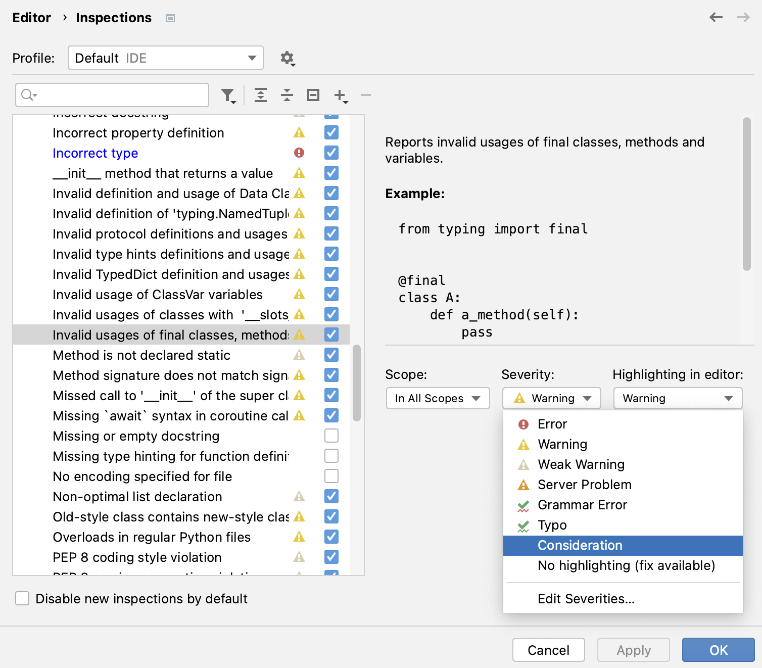Selecting severity level for an inspection Selecting severity level for an inspection
