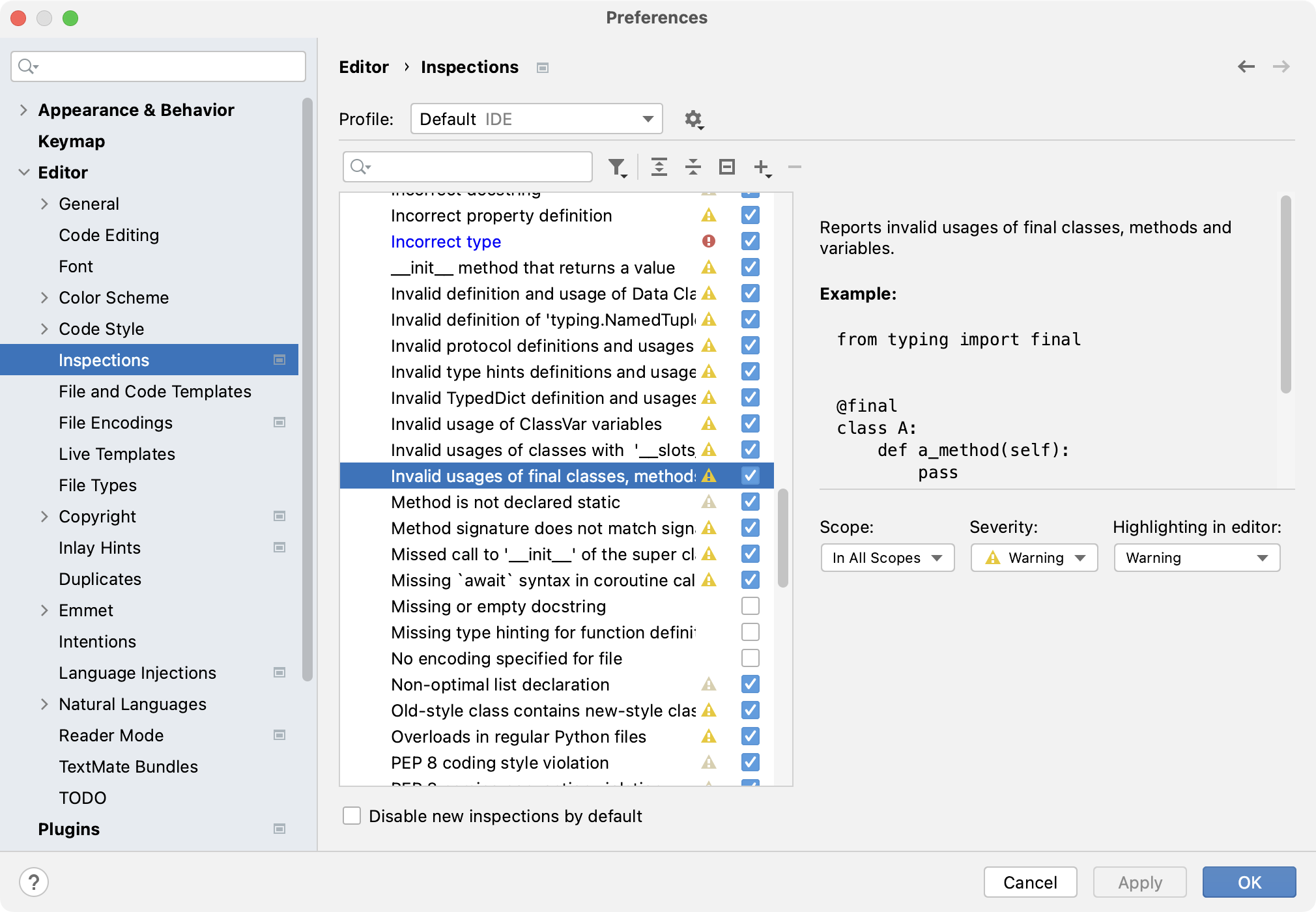 The list of inspections and their settings The list of inspections and their settings