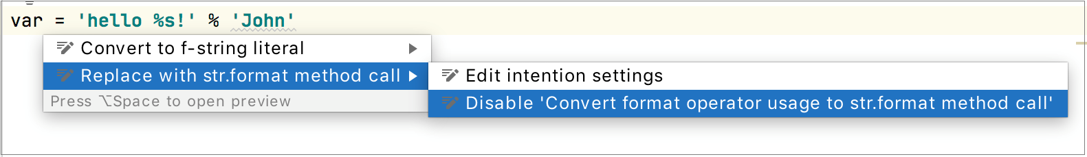 Disable intention action Disable intention action