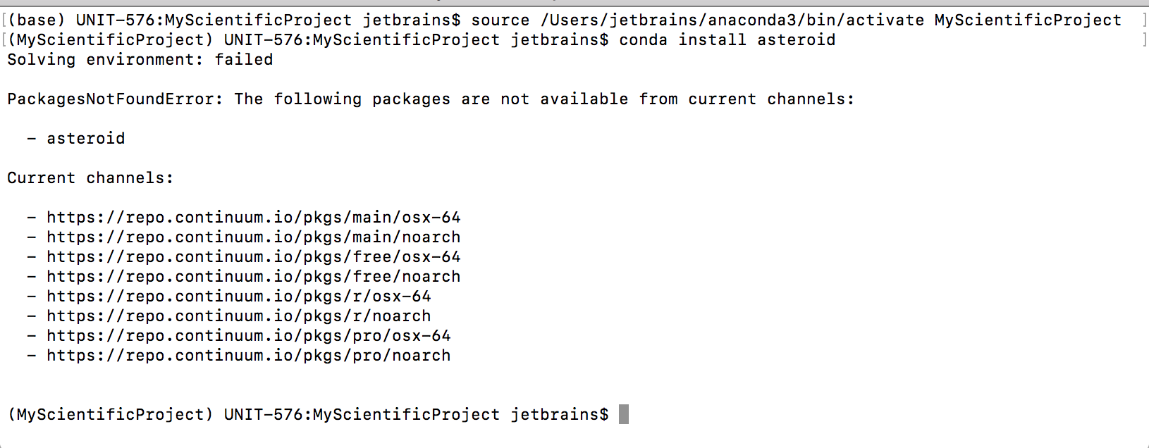 Fail to install a package on a Conda environment Fail to install a package on a Conda environment