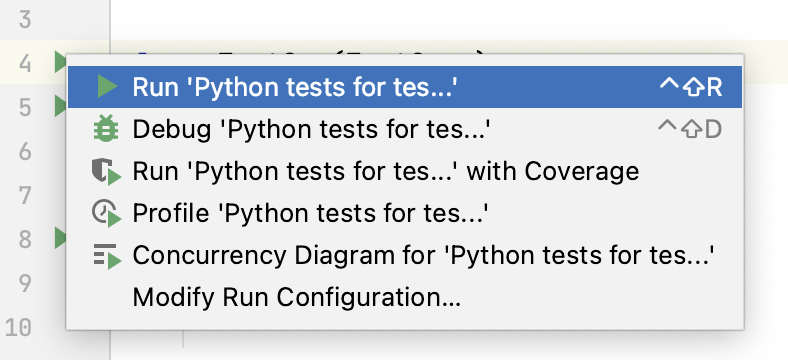 Running a test from the context menu Running a test from the context menu
