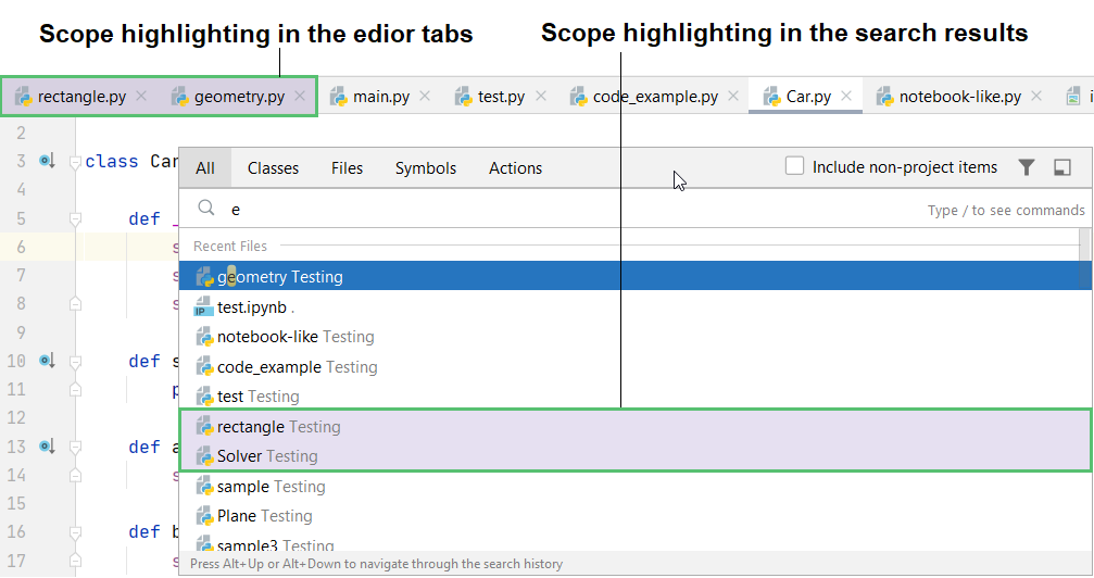 Scope highlighting in the editor tabs and search results Scope highlighting in the editor tabs and search results