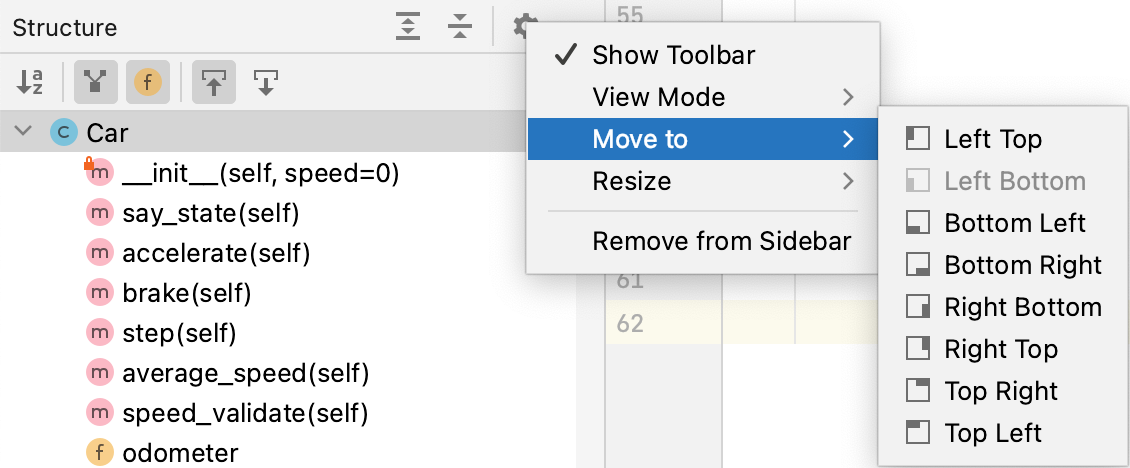 Tool window options menu: Move to Tool window options menu: Move to
