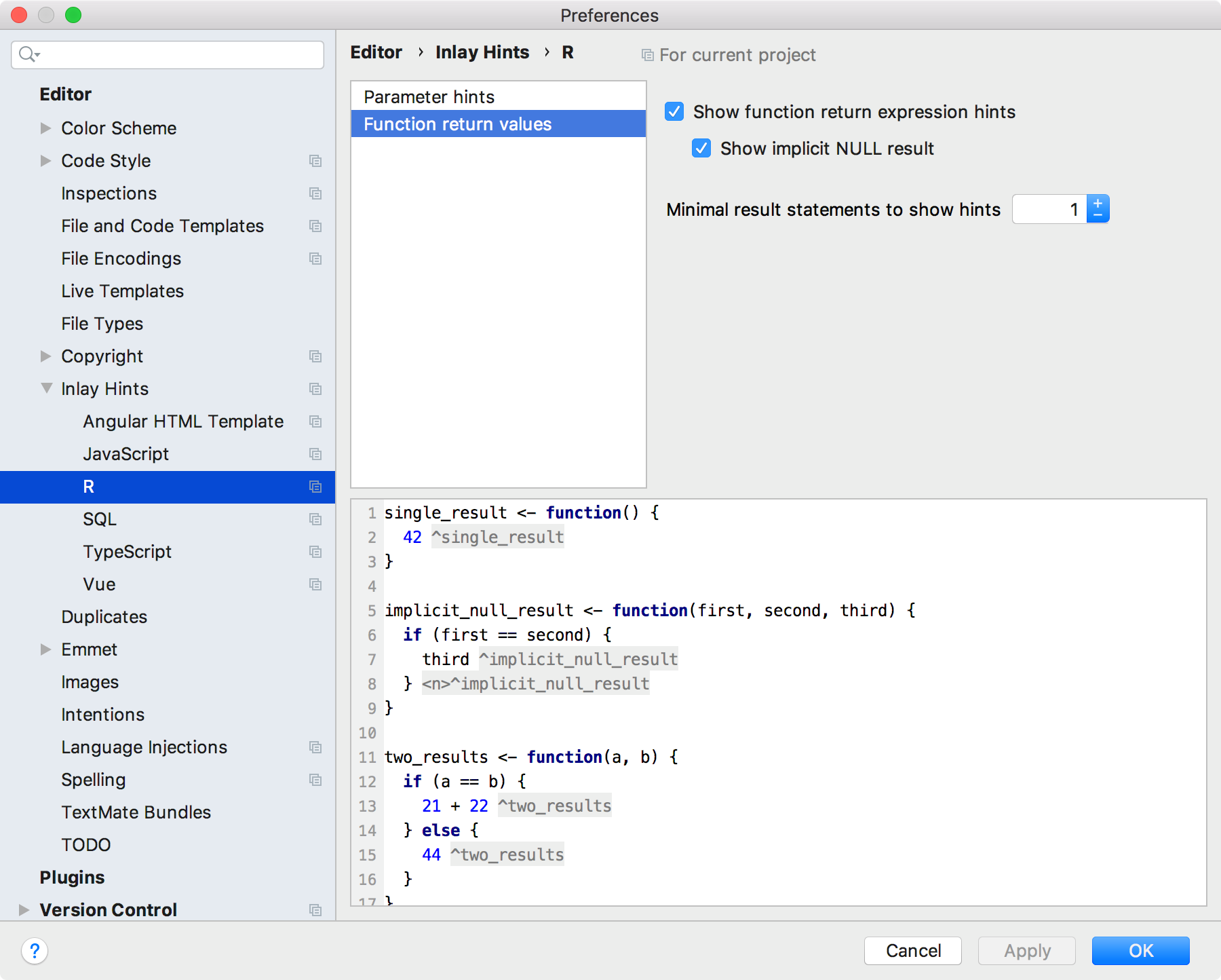 Configuring inlay hints for the return values Configuring inlay hints for the return values
