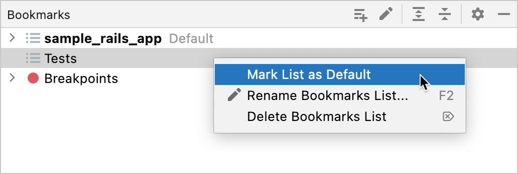 Another default list is configured in Bookmarks tool window Another default list is configured in Bookmarks tool window