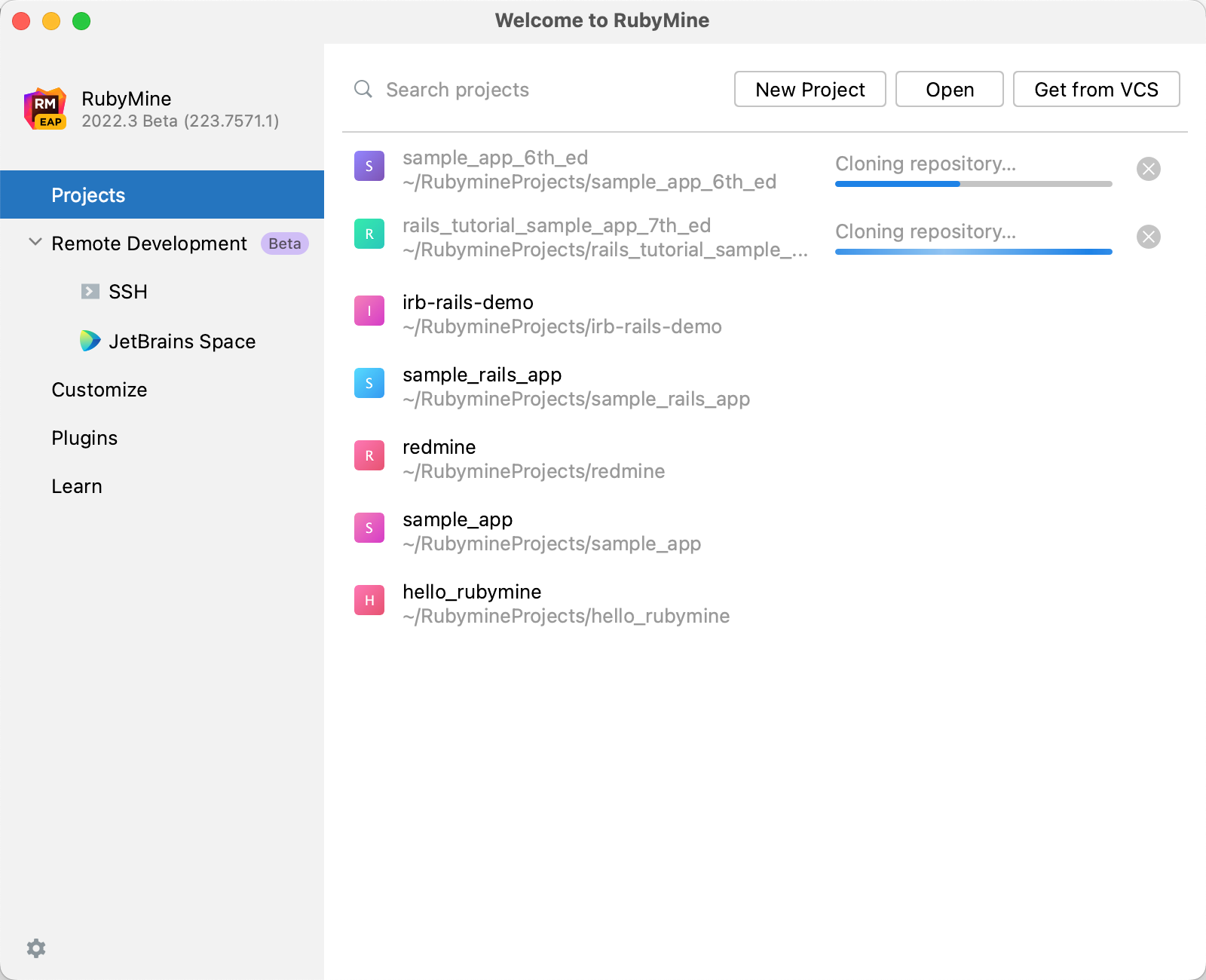 Welcome Screen with a list of projects Welcome Screen with a list of projects