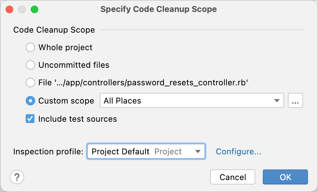 the Specify Code Cleanup Scope dialog the Specify Code Cleanup Scope dialog
