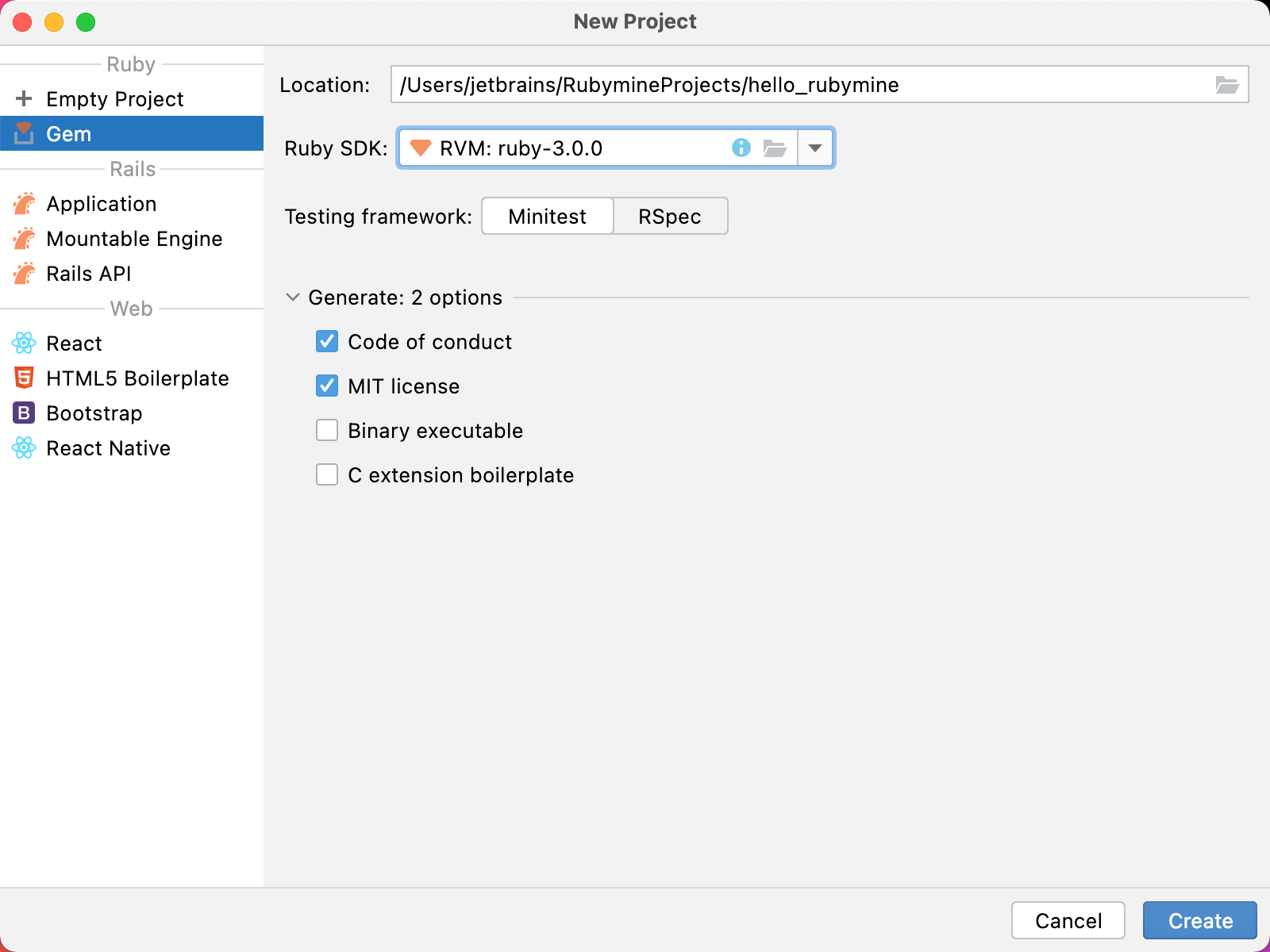 New Project dialog / Gem New Project dialog / Gem