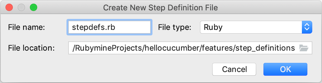 Create New Step Definition File Create New Step Definition File