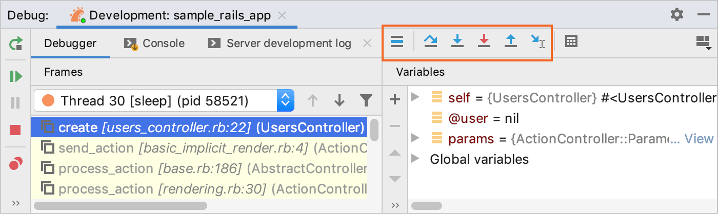 Stepping buttons in the Debug tool window Stepping buttons in the Debug tool window