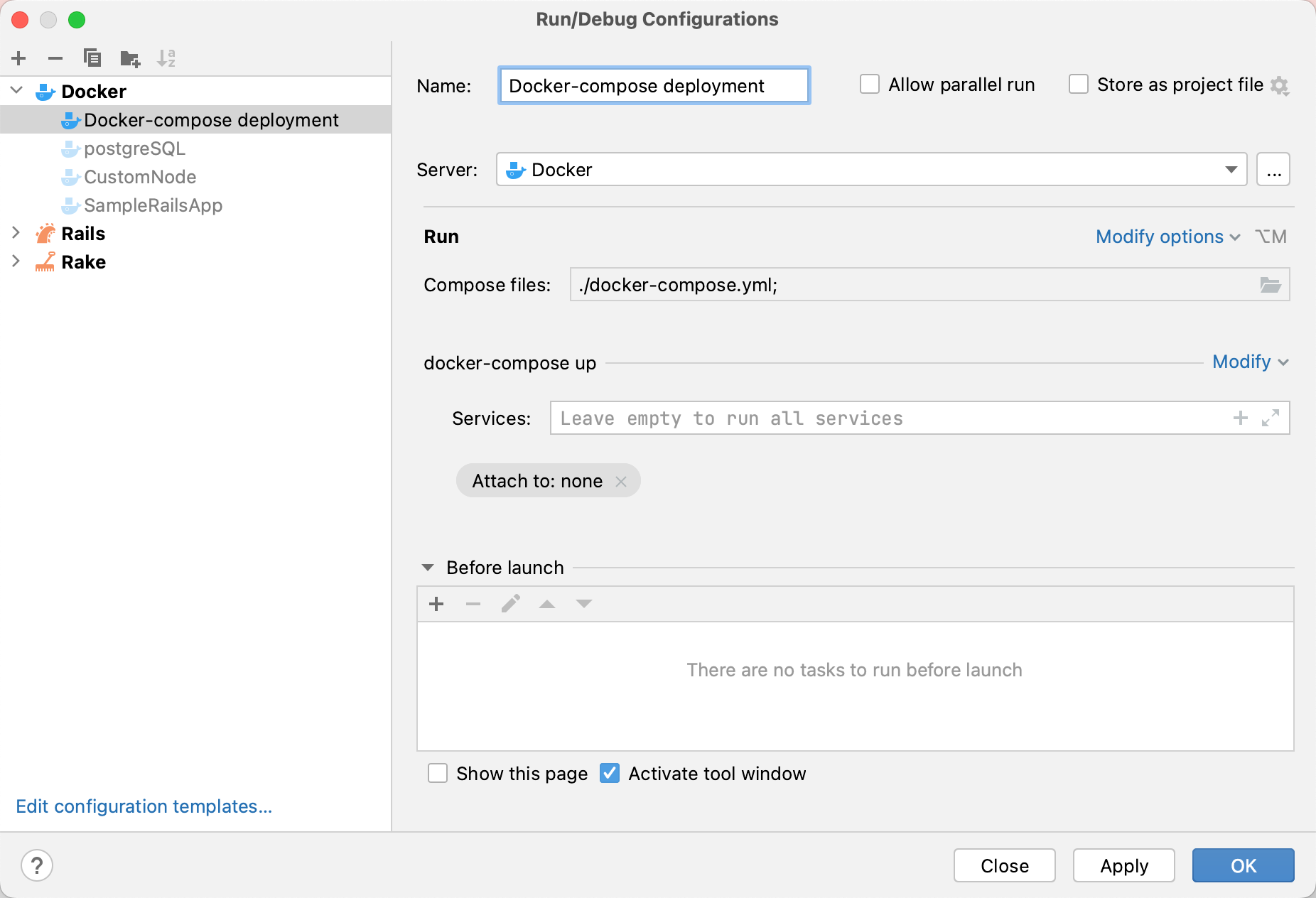 Docker Compose run configuration dialog Docker Compose run configuration dialog