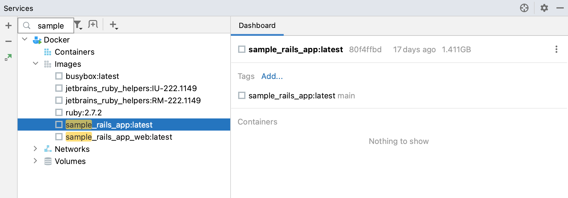 Search for a docker image in the Services tool window Search for a docker image in the Services tool window