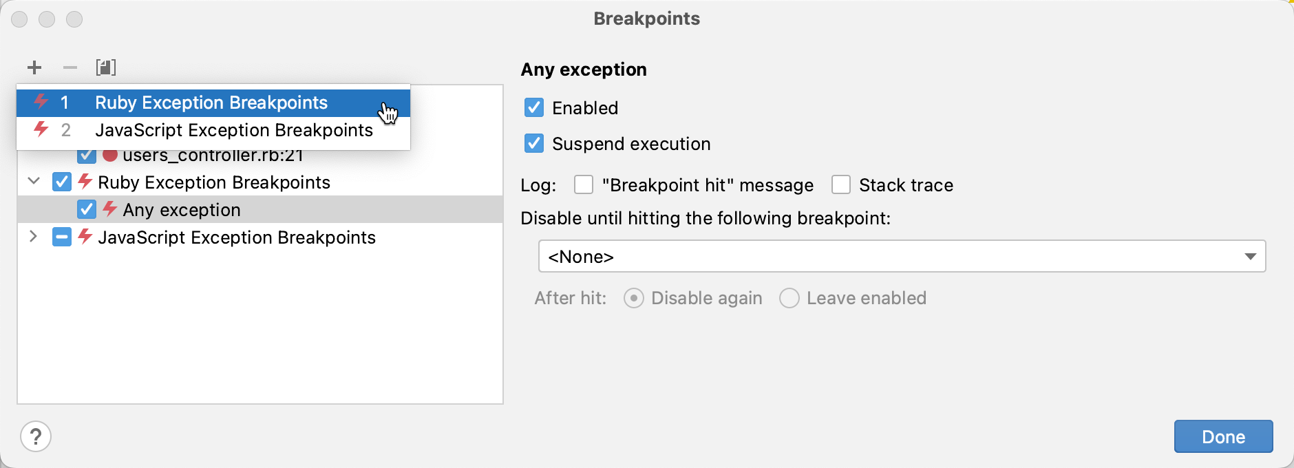 Creating an exception breakpoint Creating an exception breakpoint