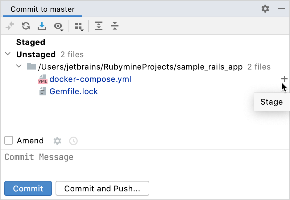 Stage from the Commit tool window Stage from the Commit tool window