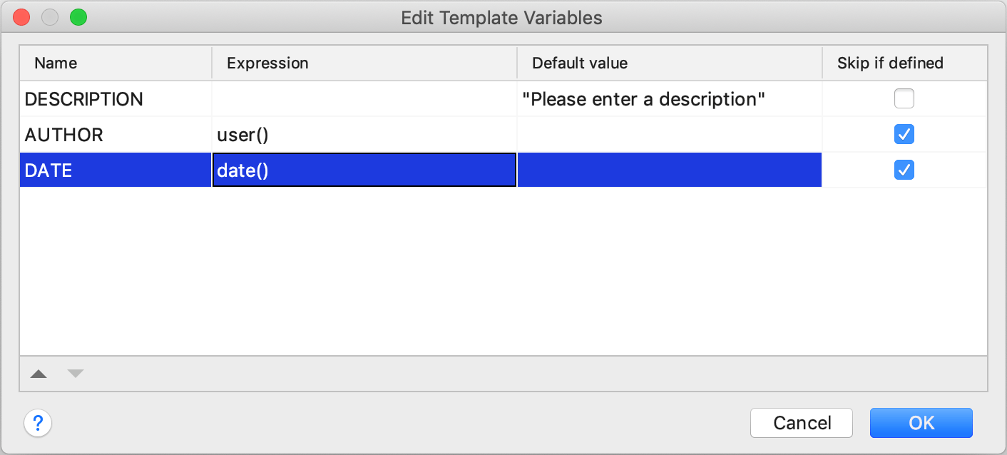 Edit template variables dialog Edit template variables dialog