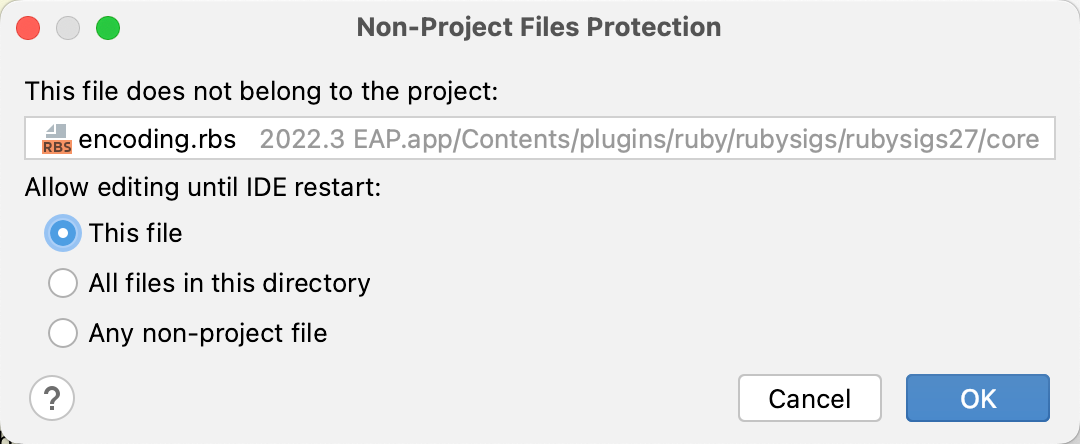 Non-Project Files Protection dialog Non-Project Files Protection dialog