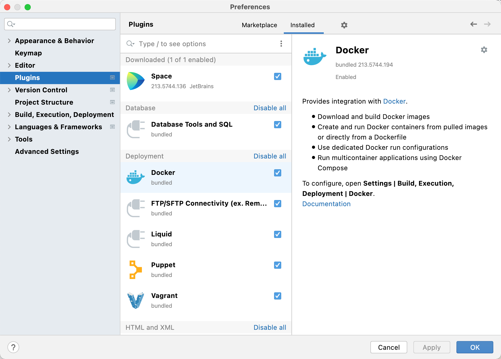 The Plugins settings dialog The Plugins settings dialog
