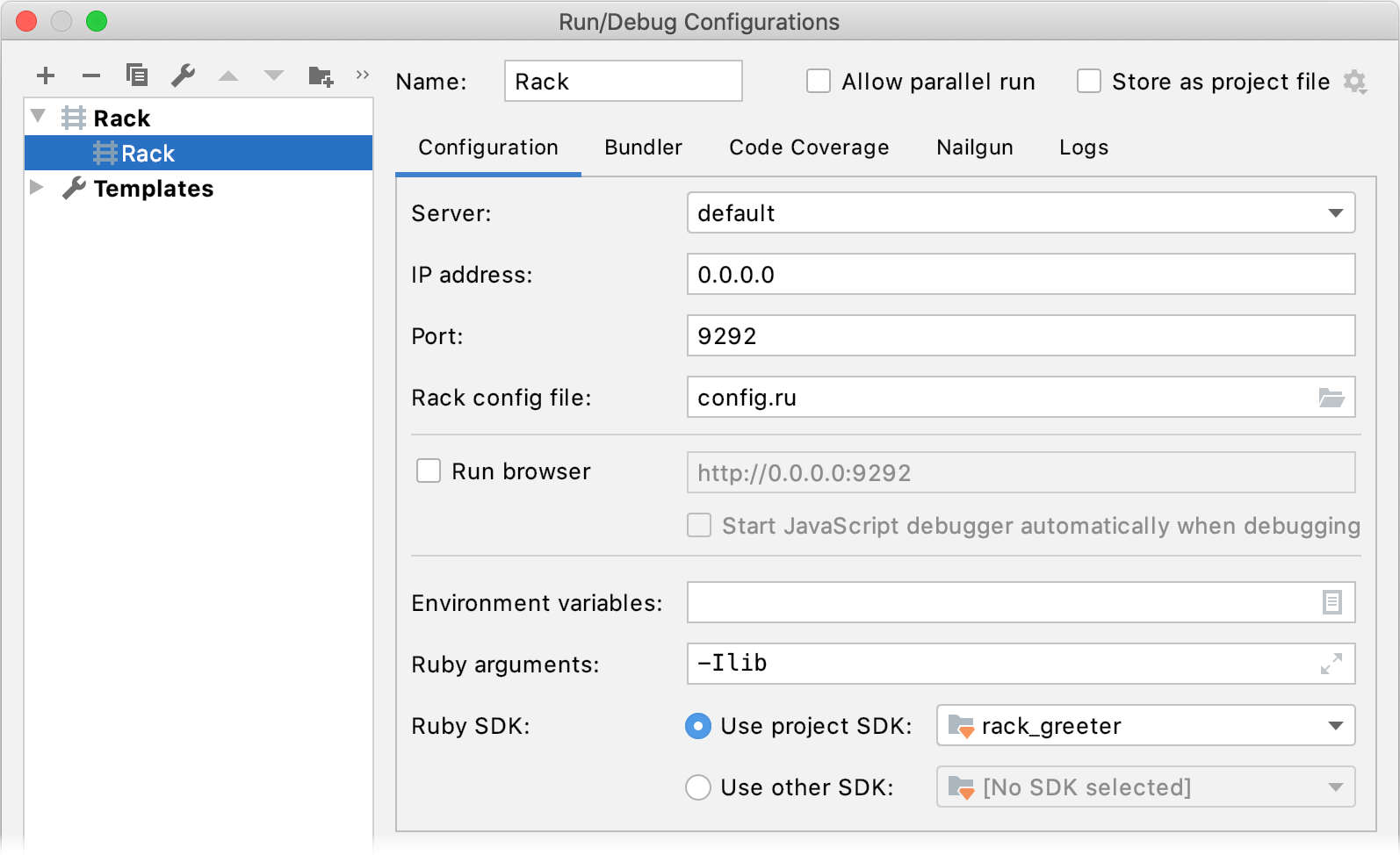 Run/Debug Configuration: Rack Run/Debug Configuration: Rack