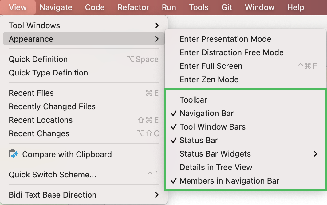 The View | Appearance menu The View | Appearance menu