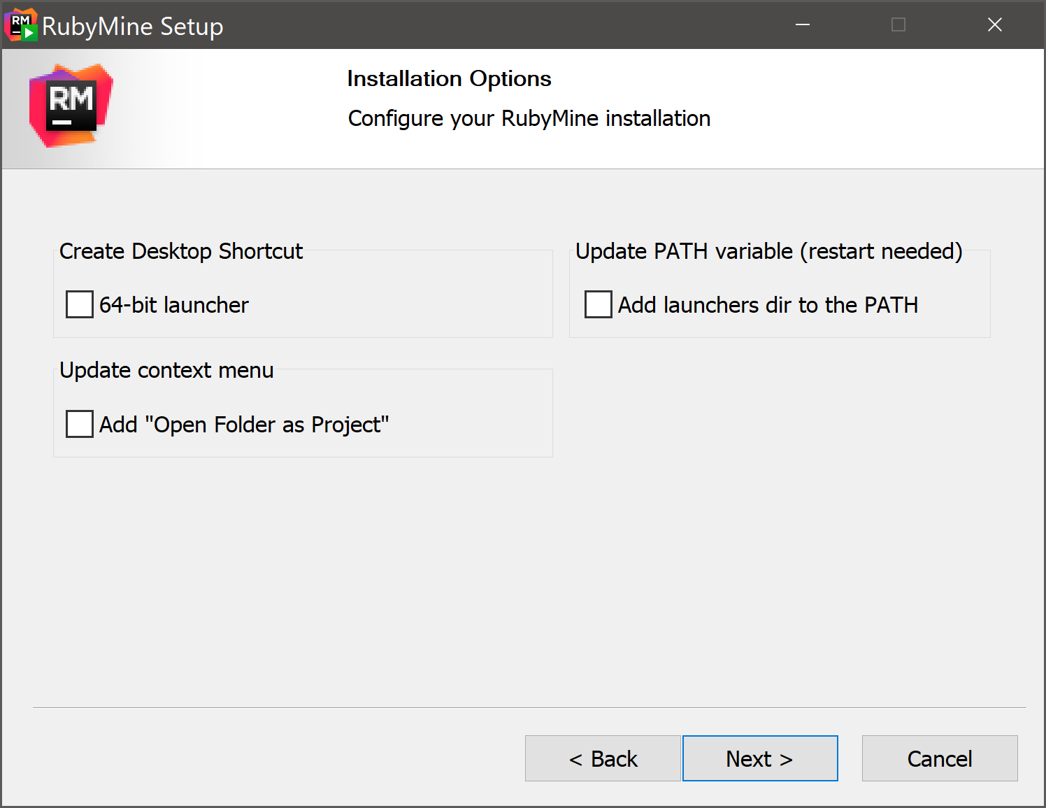 The Installation Options step of the installation wizard The Installation Options step of the installation wizard