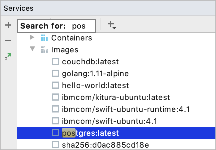 Search for a docker image in the Services tool window