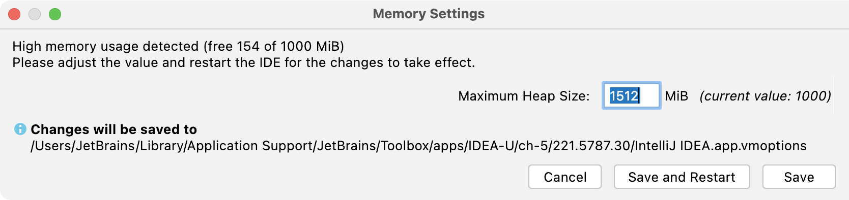 The Memory Settings dialog