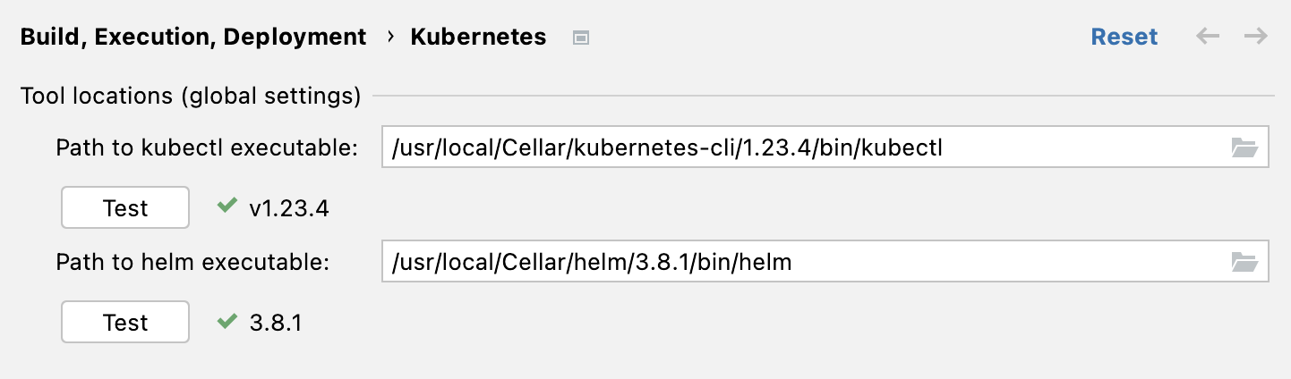 Kubernetes settings window