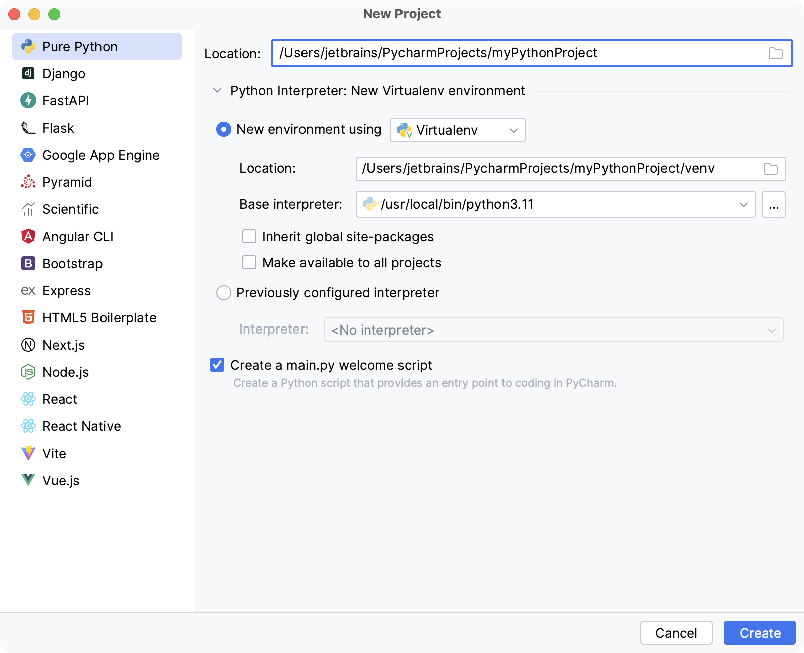 Creating a new project in PyCharm Professional