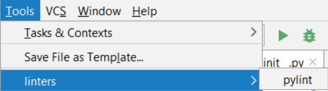pylint is shown in the External Tools menu