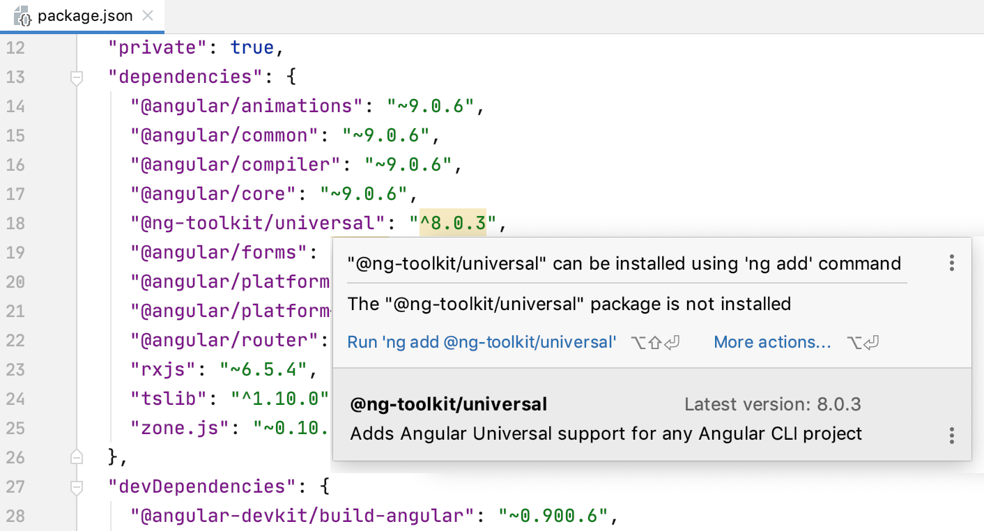 IntelliJ IDEA suggests adding a dependency with ng add