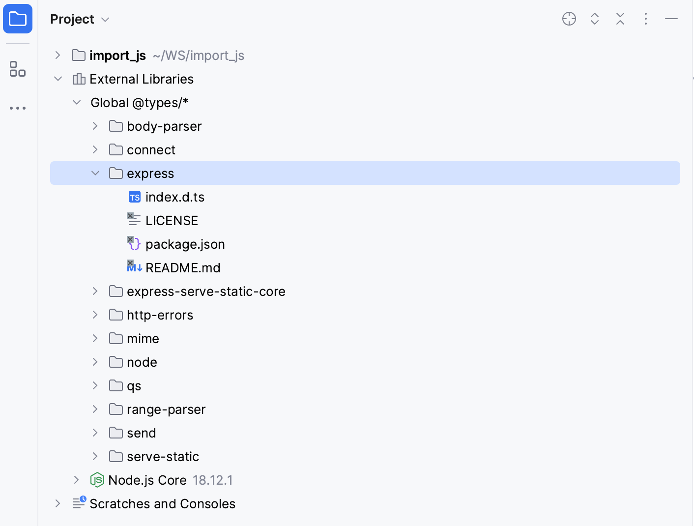 Downloaded type definitions are shown under the External libraries node