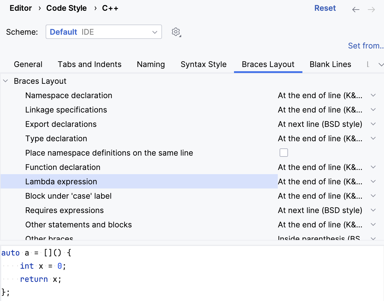 Code style for braces