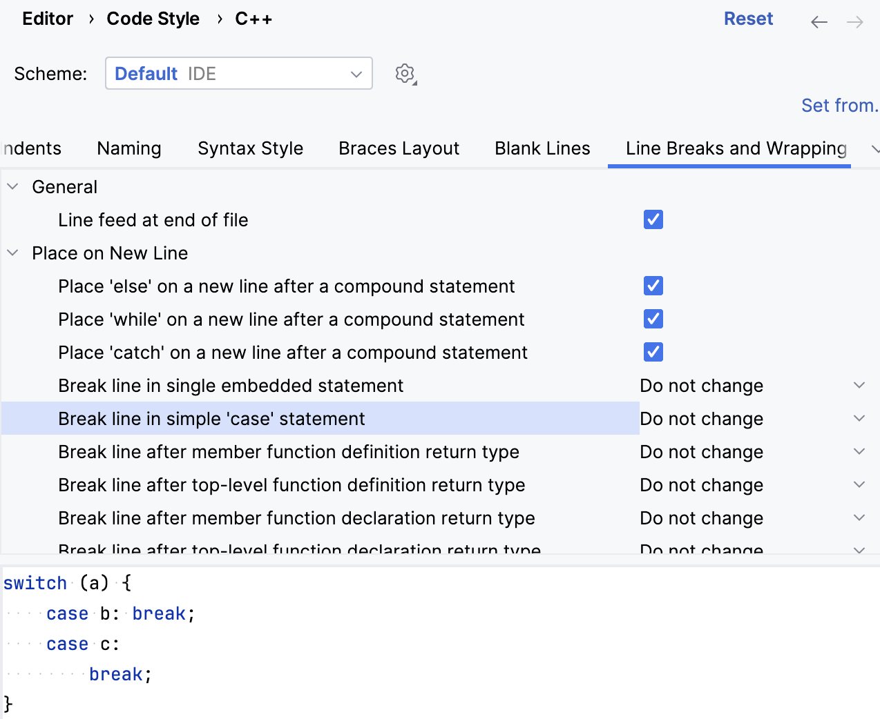 Code style options for line breaks