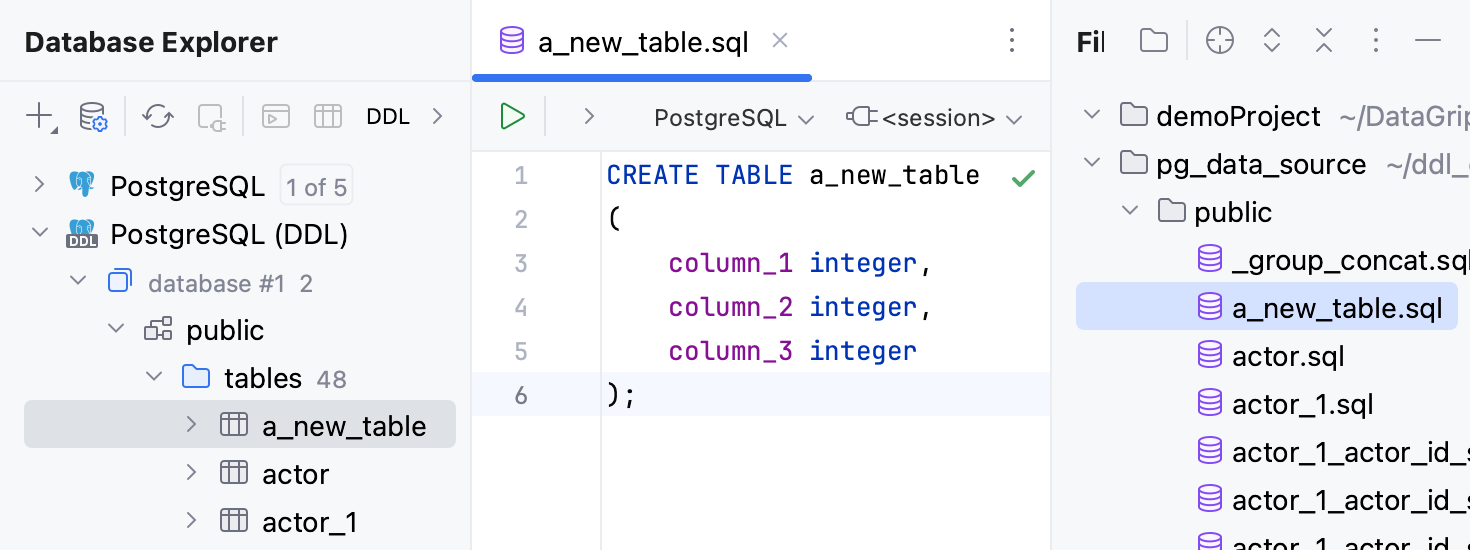 DDL data source in Database Explorer and SQL files with statements in Files tool window