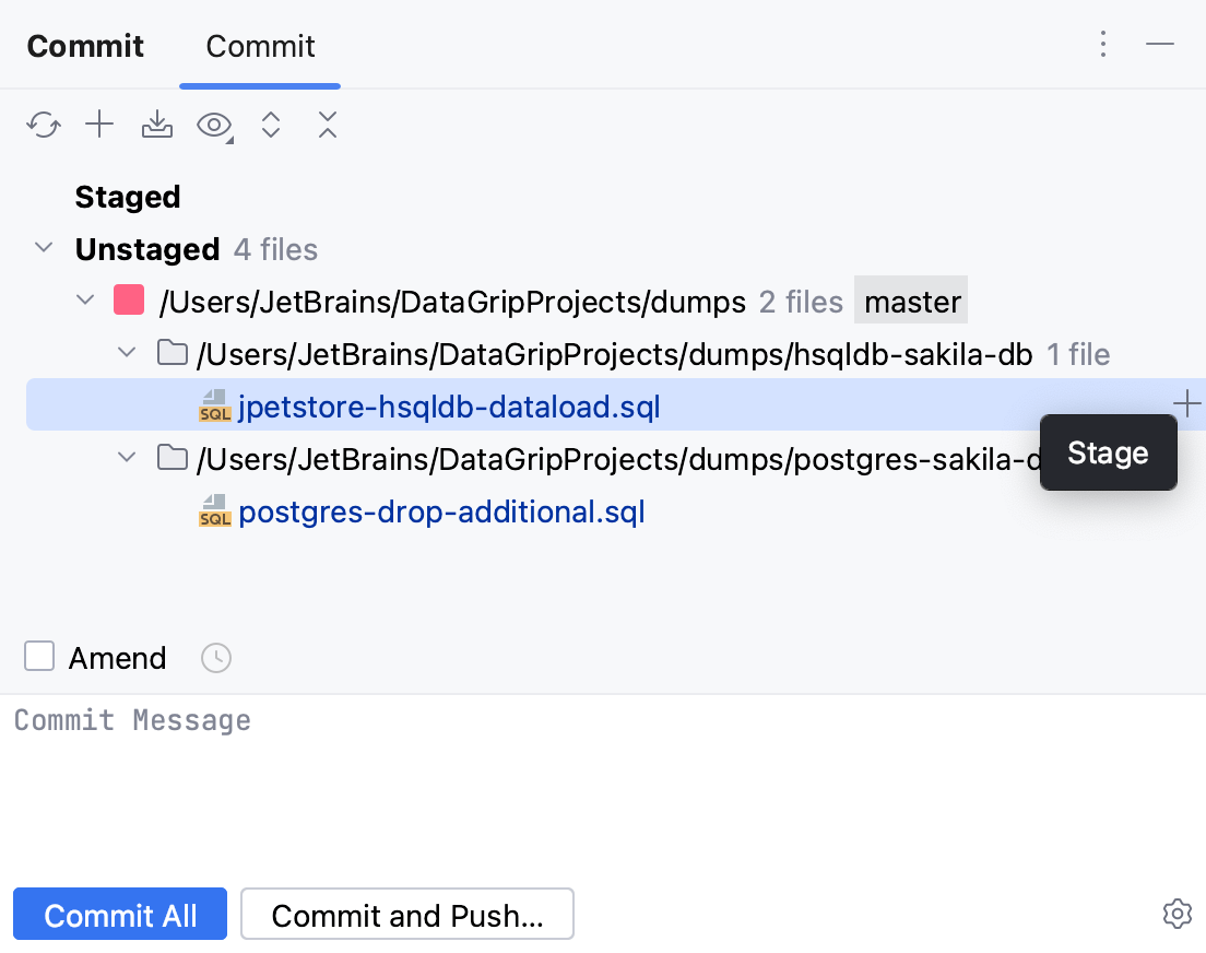 Stage an entire file from the Commit tool window Stage an entire file from the Commit tool window
