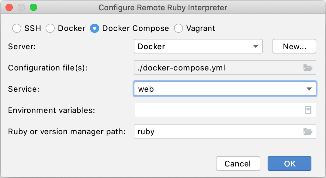 Configure remote Ruby interpreter: Docker Compose Configure remote Ruby interpreter: Docker Compose