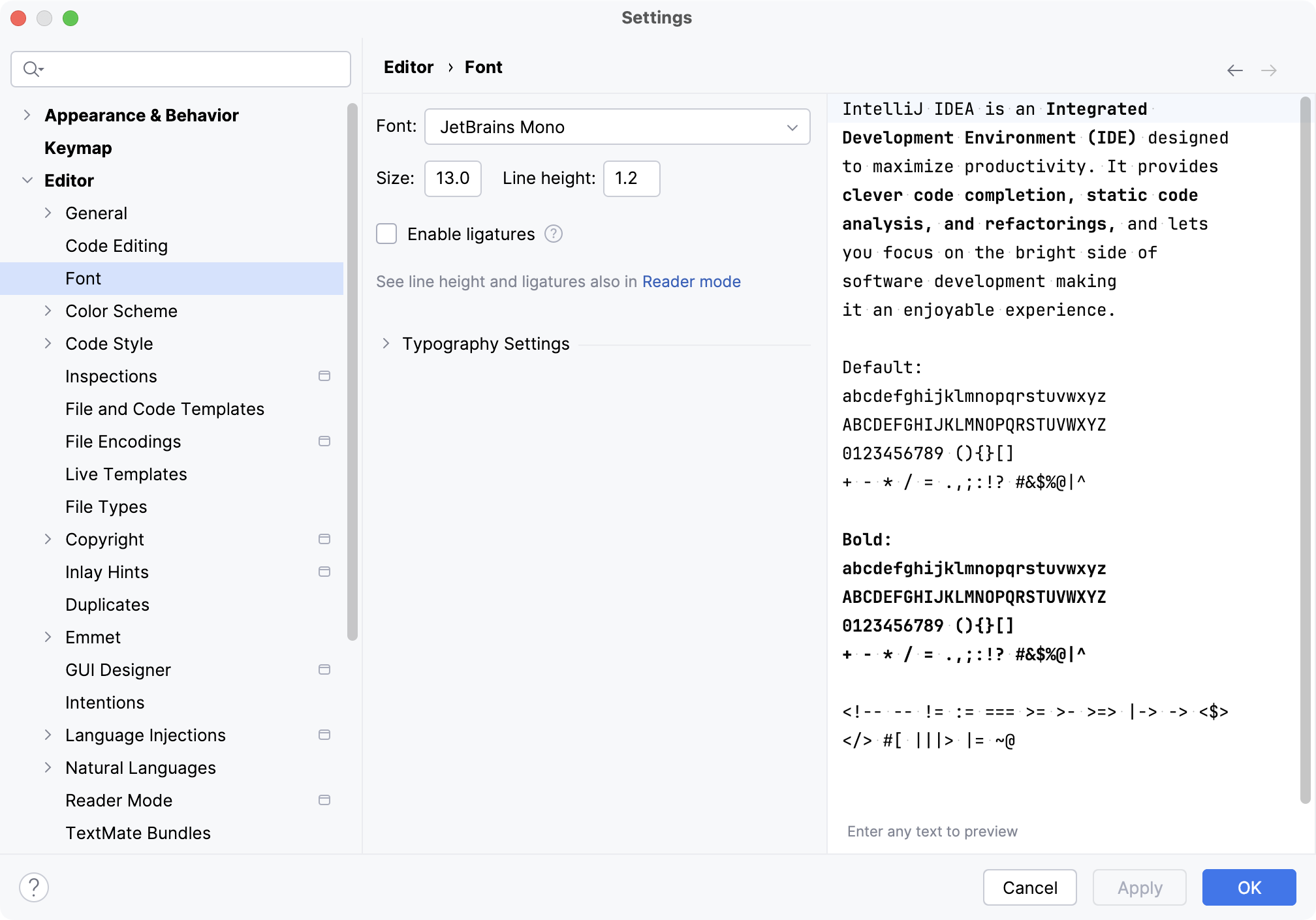 The Font settings page