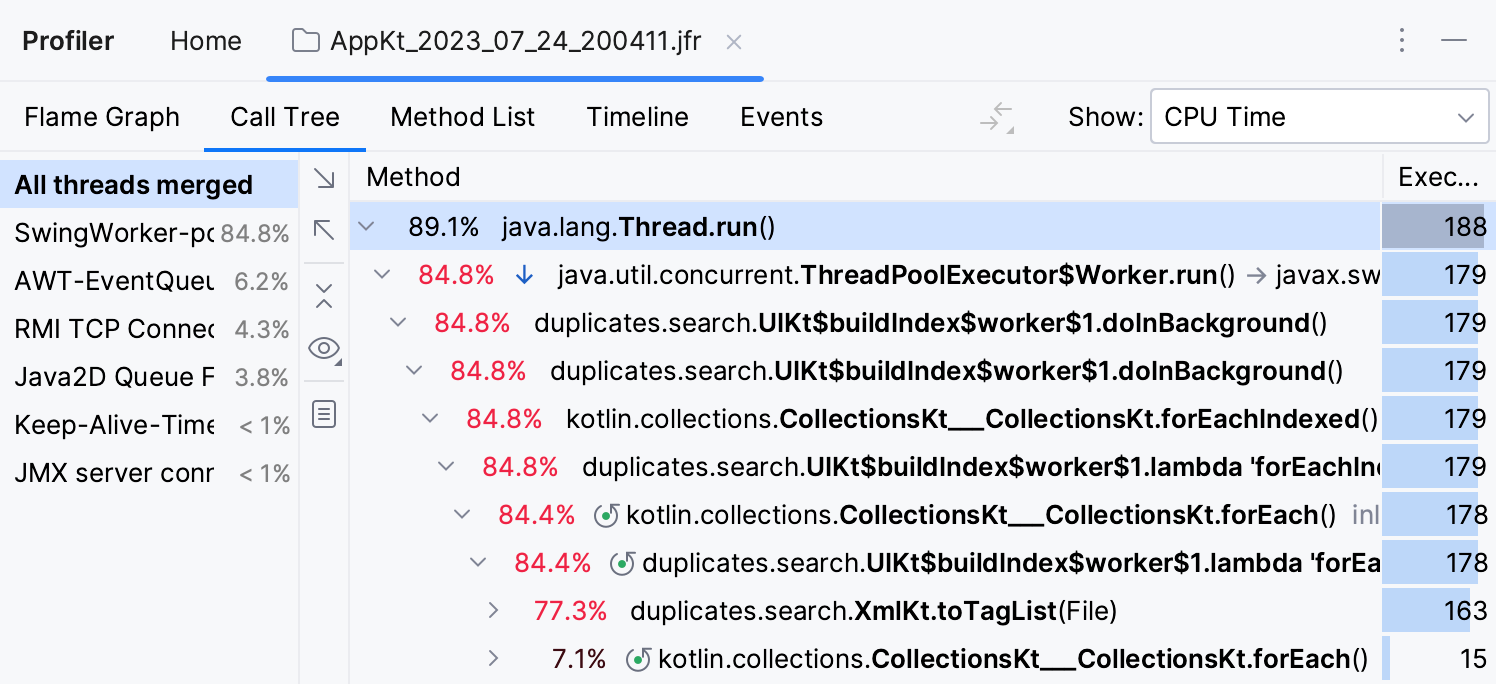 call tree tab in the profiler results